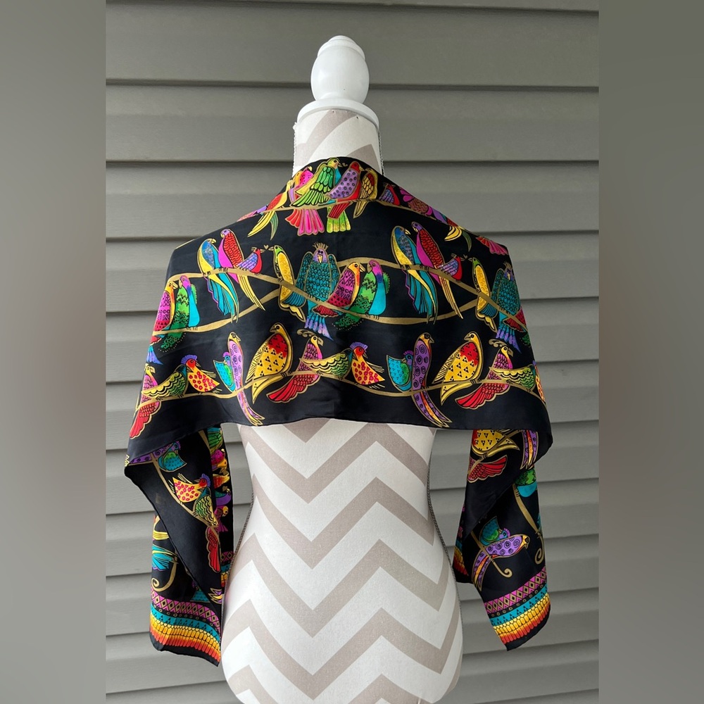 Vintage Scarf Laurel Burch Colorful Birds 11" x 52" Signed - Picture 3 of 7